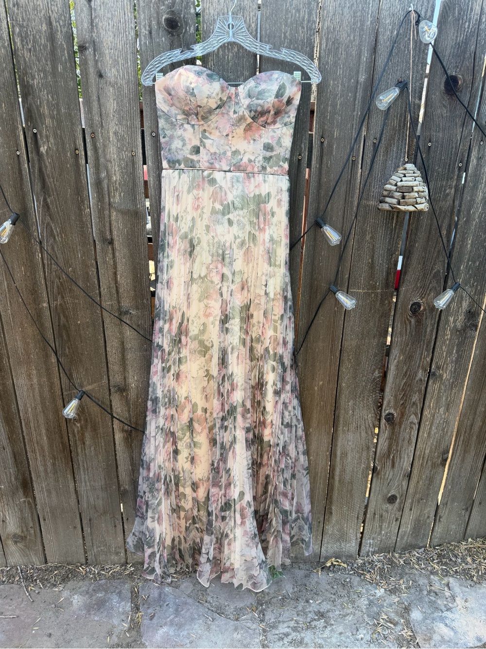 Lulu's Strapless Floral Chiffon Gown in Blush, Green and Cream